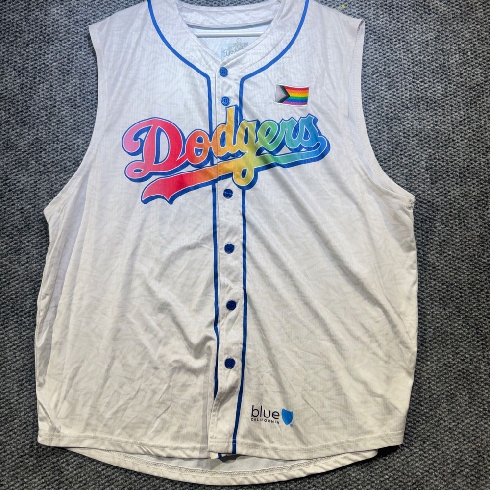 LA Dodgers Pride‎ Night Sleeveless Baseball Jersey XL White Rainbow Button Up - Picture 2 of 3